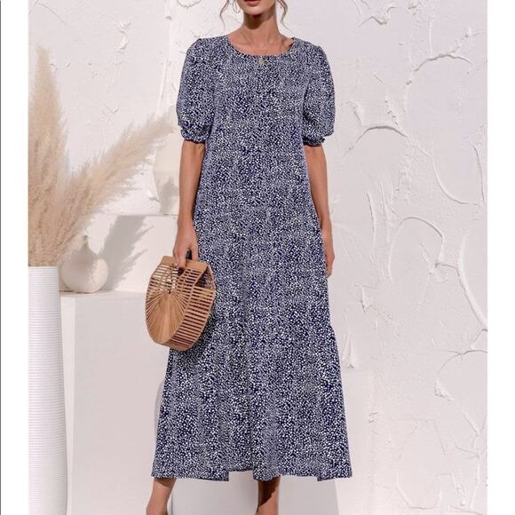 Navy Pebble Print Puff Sleeve Tiered Dress-2XL - Picture 1 of 4